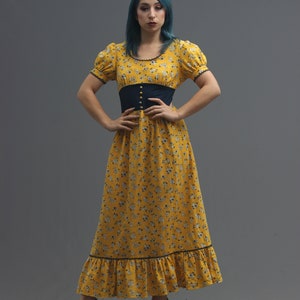 70s Yellow & Navy Floral Print Long Maxi Dress // Boho Cottagecore Prairie Style Anne of Green Gables Hippie Fashion // XS