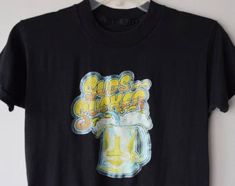 70s / 80s "Suds Sucker" Beer Drinking Tshirt // Iron On Design // Hipster Rock Style, Beer Lover Tee, Retro Party Shirt