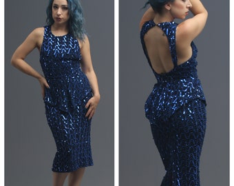 80s Blue Sequin & Shimmer Peplum Wiggle Dress w Sexy Keyhole Back // Pinup Mermaid, Disco Baddie Glam Party Dress, XS / S