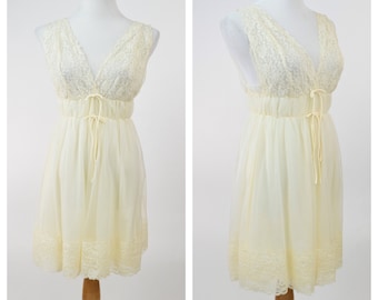 60s Buttercream Yellow Chiffon Babydoll Nightgown w Lace Trim // Burlesque Pinup Bimbo Boudoir Lingerie Negligee Nightie