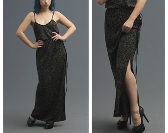 70s Gold & Black Glitter Dress by Pat Richards // Floor Length Maxi Gown w Side Slit // Studio 54 Disco Baddie, Burlesque Showgirl Glam Sz S