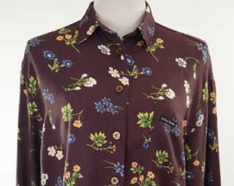 80s/90s Krizia Jeans Chocolate Brown Floral Button Up Shirt Blouse // Designer Fashion // Earthy Dark Academia Boho Hipster Grunge Style
