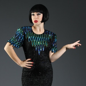 80s Beaded Sequin Cocktail Dress w Keyhole Back // Black, Green, Aqua Blue // Peacock Glamour, Mermaid Chic, Dynasty Style // Sz S/XS