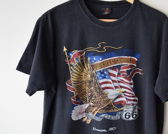 90s America's Highway Bald Eagle T-Shirt / Route 66 Freedom to Ride / Bronson, MO / Badass Rock Biker Style, Hipster Grunge E-Girl