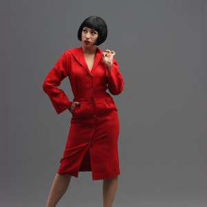 80s Saint Laurent &#39;Rive Gauche&#39; Red Linen Dress // Sailor Collar, Nipped Waist, Impeccable Tailoring // High End Designer Fashion