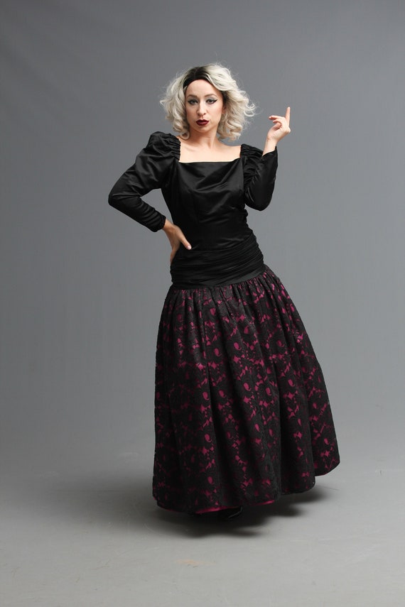 80s Prom Dress in Black Lace & Purple, Drop Waist 