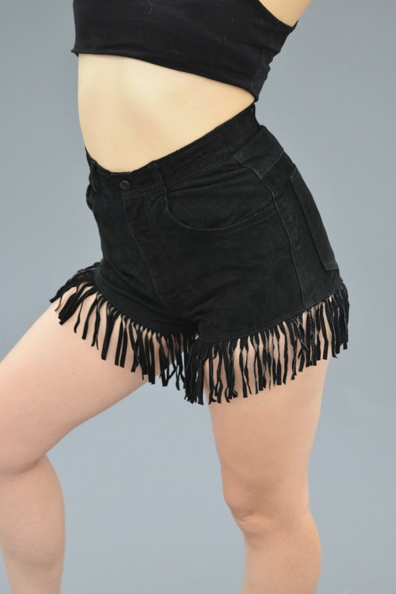 80s Black Suede Leather Fringe High Waist Shorts /