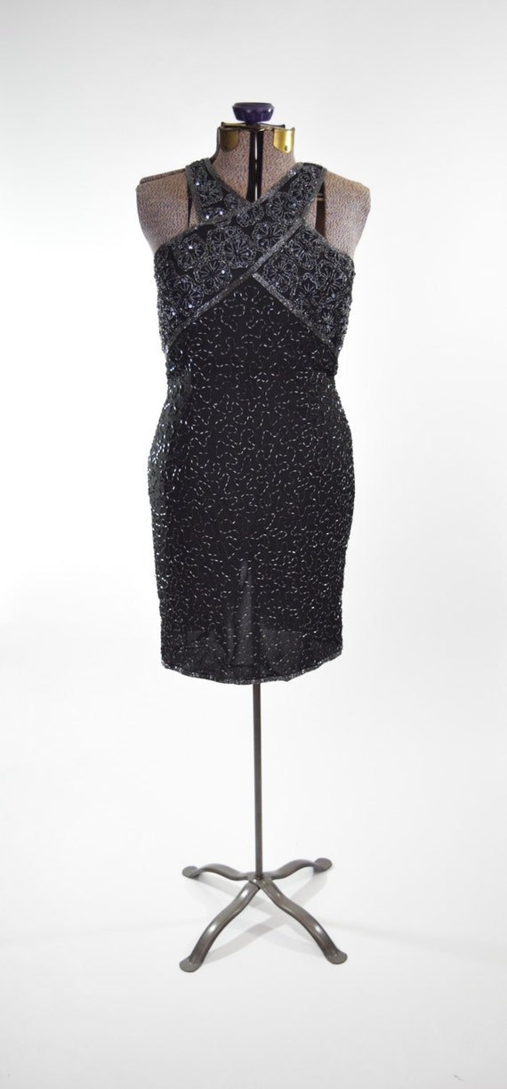 Black & Charcoal Gray Beaded Cocktail Dress w Twi… - image 2