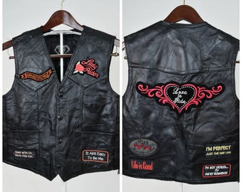 Vtg Black Leather Motorcycle Vest w Patches // Biker Babe, Love to Ride, Lady Rider // Badass Rock Style, Festival Fashion