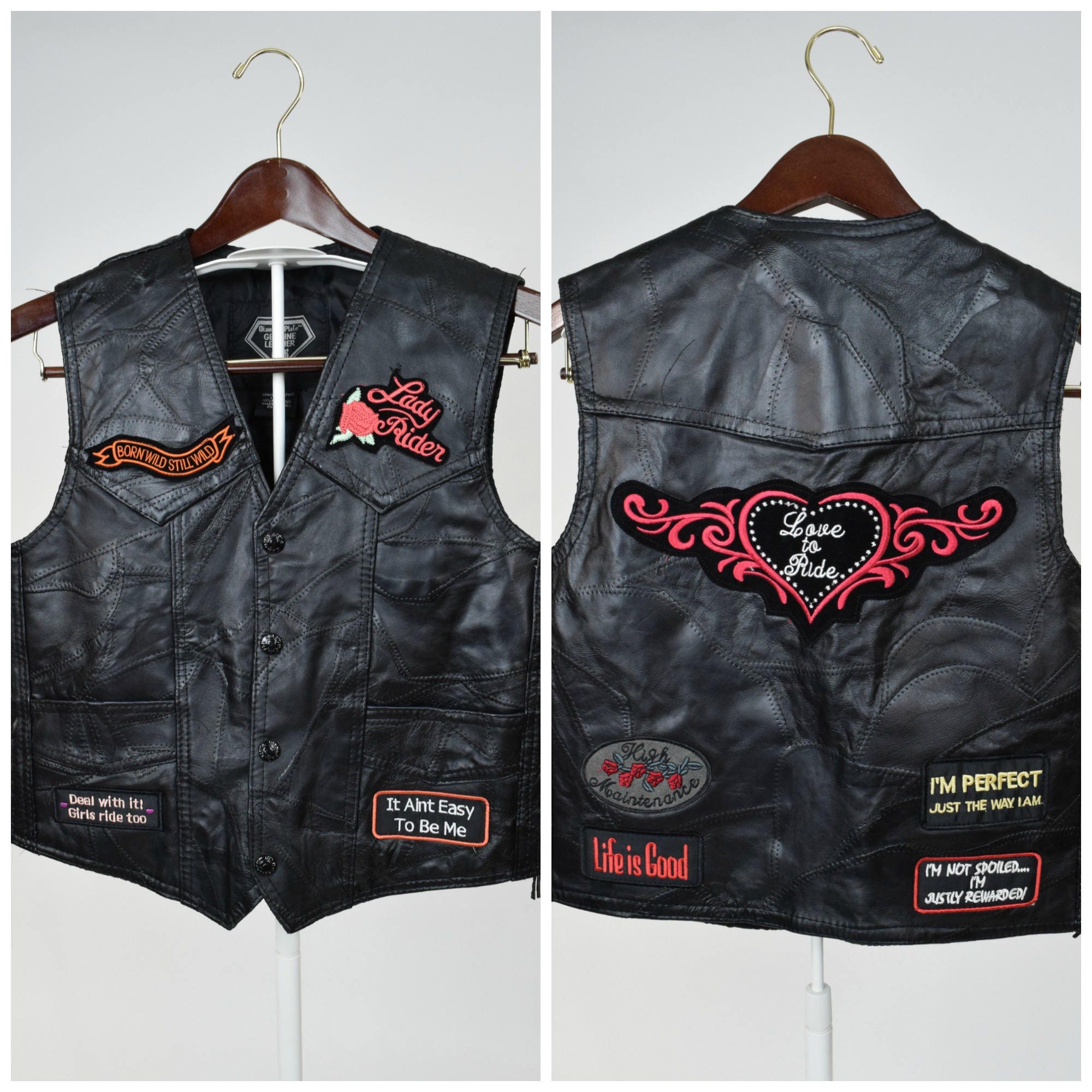 Vtg Black Leather Motorcycle Vest W Patches // Biker Babe, Love to Ride ...