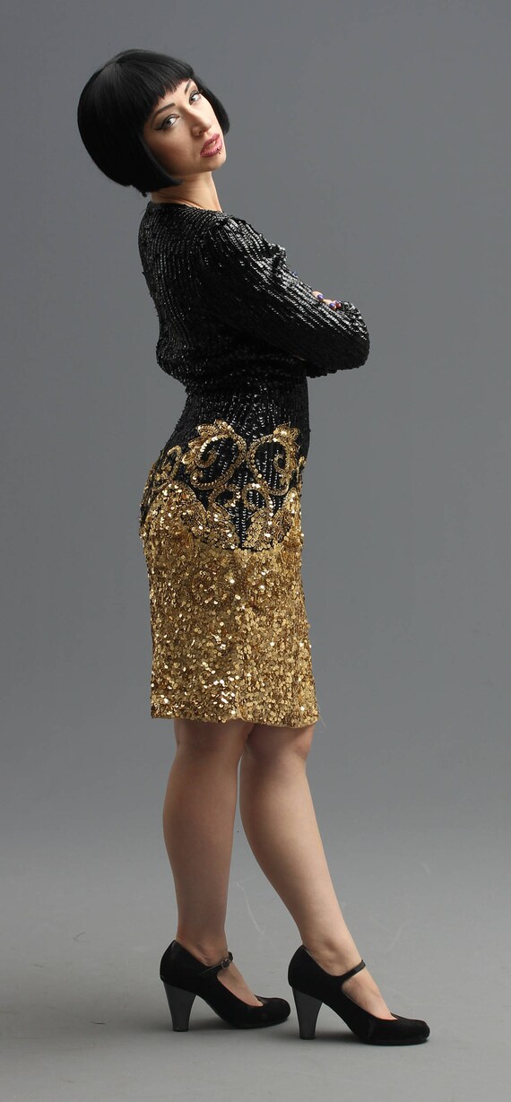 80s Shimmering Gold & Black Sequin Beaded Cocktai… - image 6