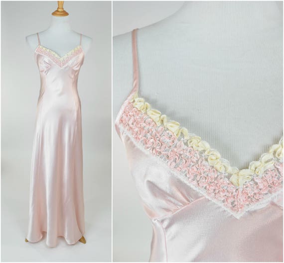 80s Valentino Pink Satin Nightgown Bias Cut Floor Length Ribbon Trim Sexy Slip Lingerie Designer Vintage