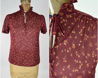 70s Sheer Rust Floral Print Shirt // Ruffle High Collar, Keyhole Neckline // Fall Boho Hippie Dark Academia Cottagecore Fashion