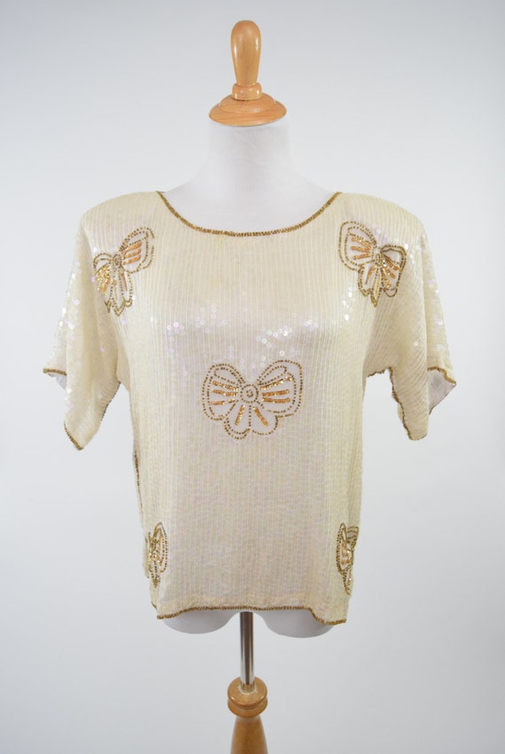 Gold Sequin Beaded Bow Blouse Top 