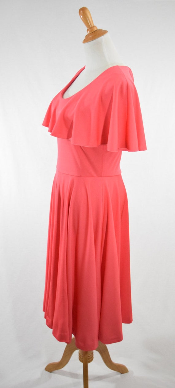 70s Coral Pink Polyester Dress w Full Circle Skir… - image 2