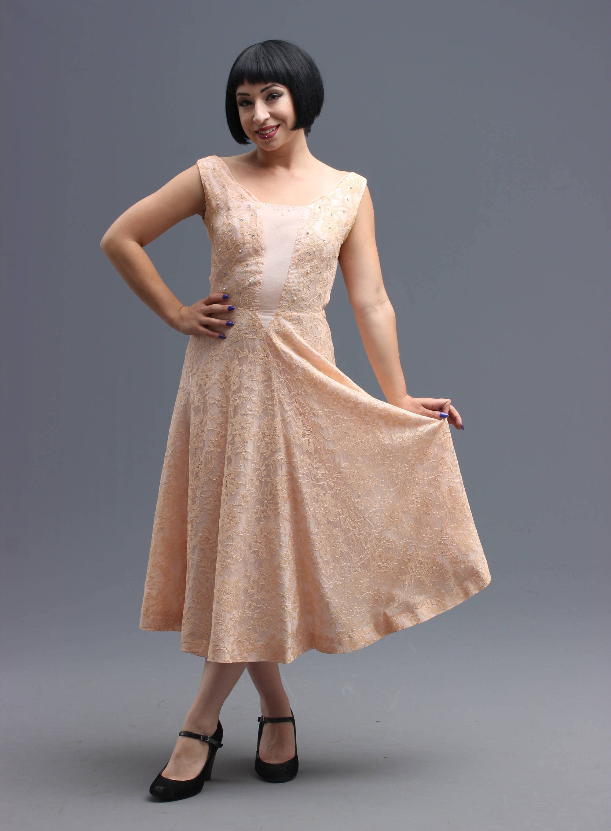 50s Pink Lace Fit & Flare Cocktail Dress // Full Skirt Beads Etsy