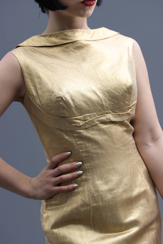 50s/60s Metallic Pale Gold Lame Cocktail Dress w … - image 6