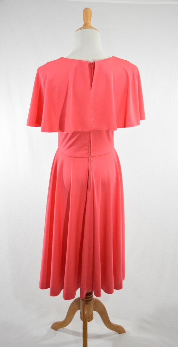 70s Coral Pink Polyester Dress w Full Circle Skir… - image 3