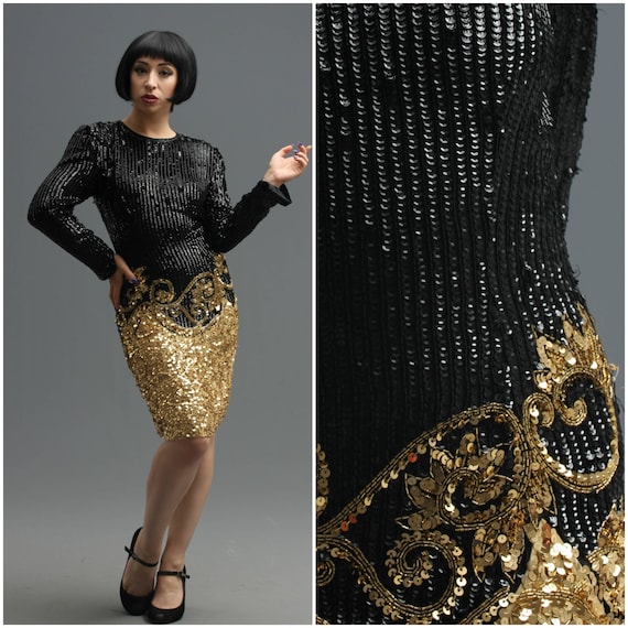 80s Shimmering Gold & Black Sequin Beaded Cocktai… - image 1