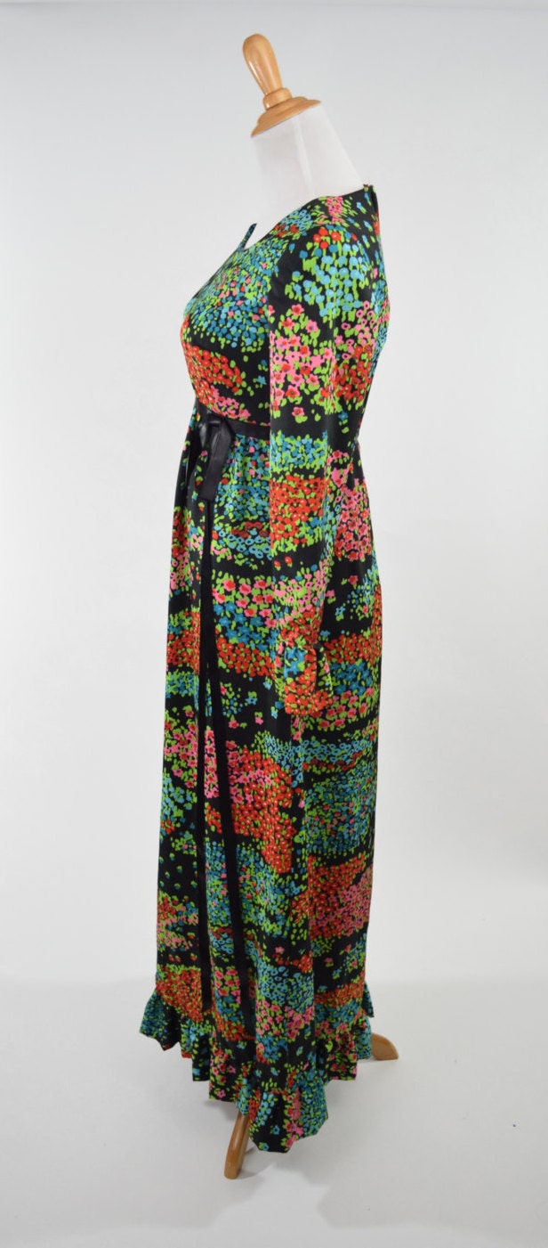 60s/70s Black & Psychedelic Floral Print Maxi Dress // Long Sleeves ...