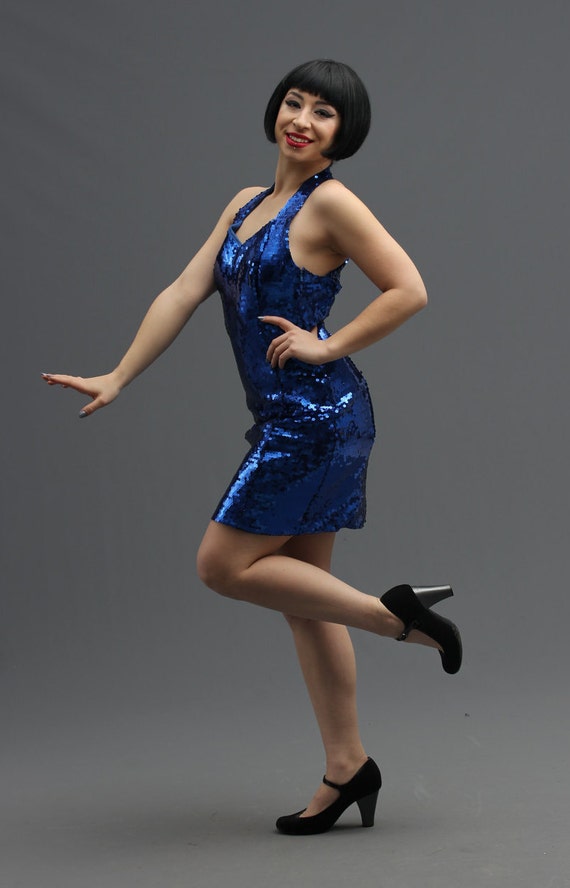90s Royal Blue Sequin Cocktail Party Dress // Sexy Cutout