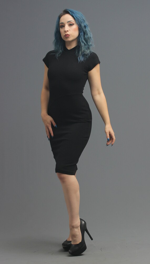 80s Claude Montana Black Wool Bodycon Dress w Sna… - image 2