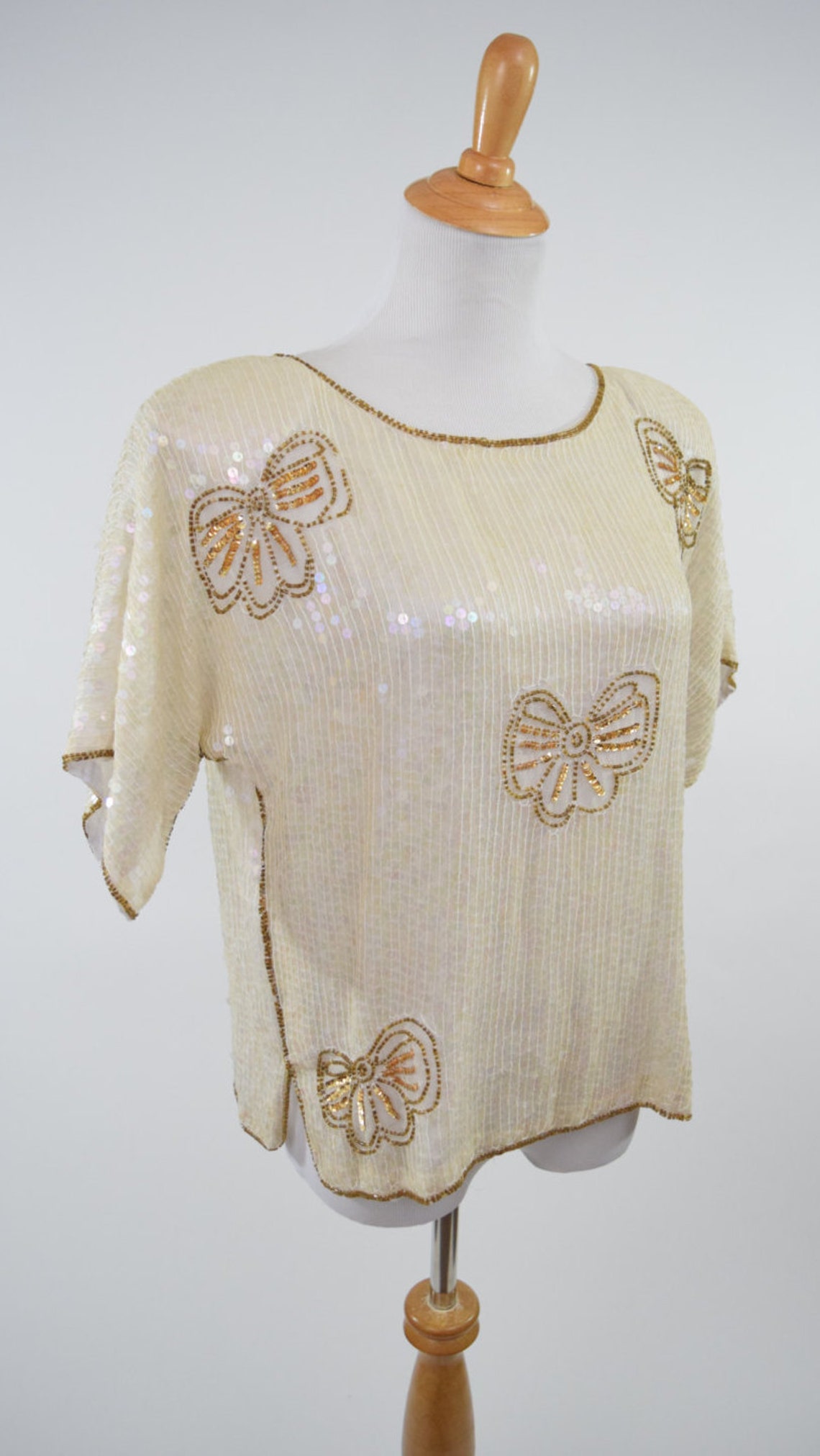 Vintage 80s Boxy Oversized Sequin Blouse Black Gold Silver 8 10