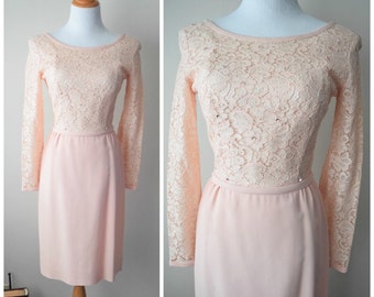 50s/60s Powder Pink Lace Cocktail Dress // Long Sleeve Wiggle Dress, Illusion Lace, Scoop Back // Mad Men Hourglass Pin Up Dress XS