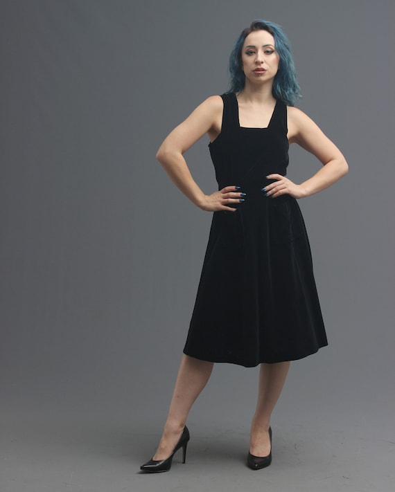 50s Black Velveteen Pinafore Style Dress // A-Lin… - image 1