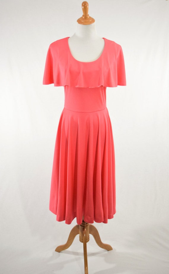 70s Coral Pink Polyester Dress w Full Circle Skir… - image 1