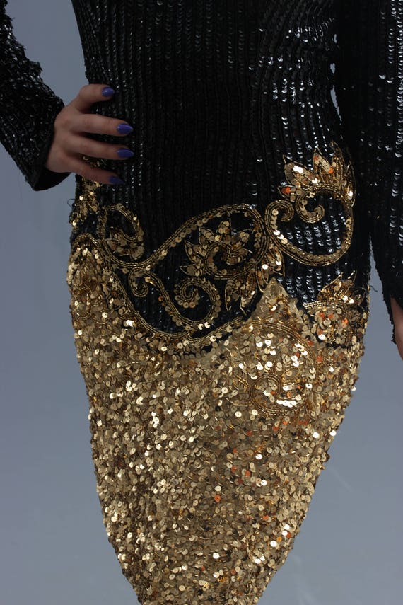 80s Shimmering Gold & Black Sequin Beaded Cocktai… - image 10