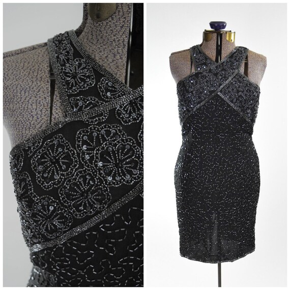 Black & Charcoal Gray Beaded Cocktail Dress W Twisted Halter Neck // Baddie  LBD, Sexy Chic Glamour, Sparkling Party Dress - Etsy
