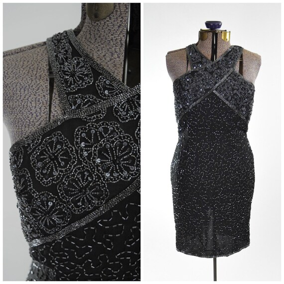 Black & Charcoal Gray Beaded Cocktail Dress w Twi… - image 1