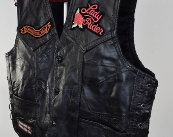 冬ギフト セ Vtg Babe Biker // Patches W Vest Motorcycle Leather Black トップス