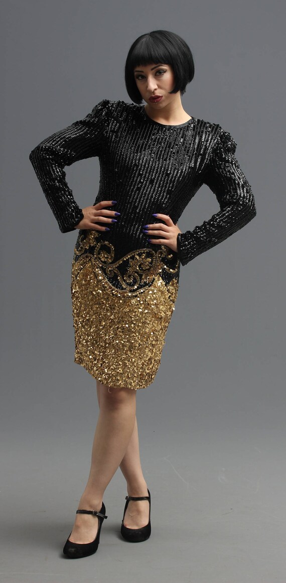 80s Shimmering Gold & Black Sequin Beaded Cocktai… - image 7