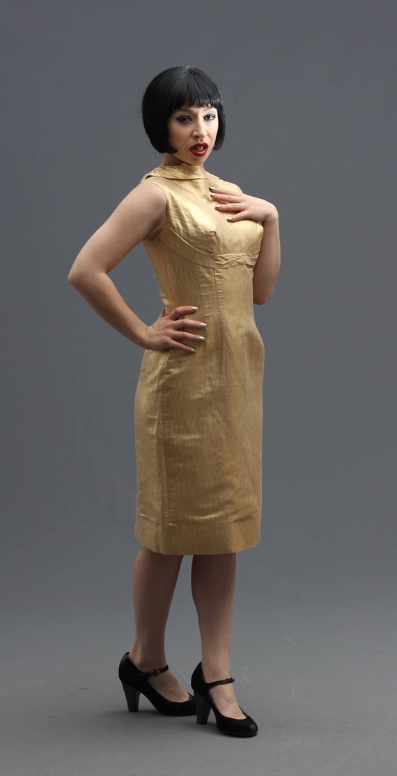 50s/60s Metallic Pale Gold Lame Cocktail Dress w … - image 5