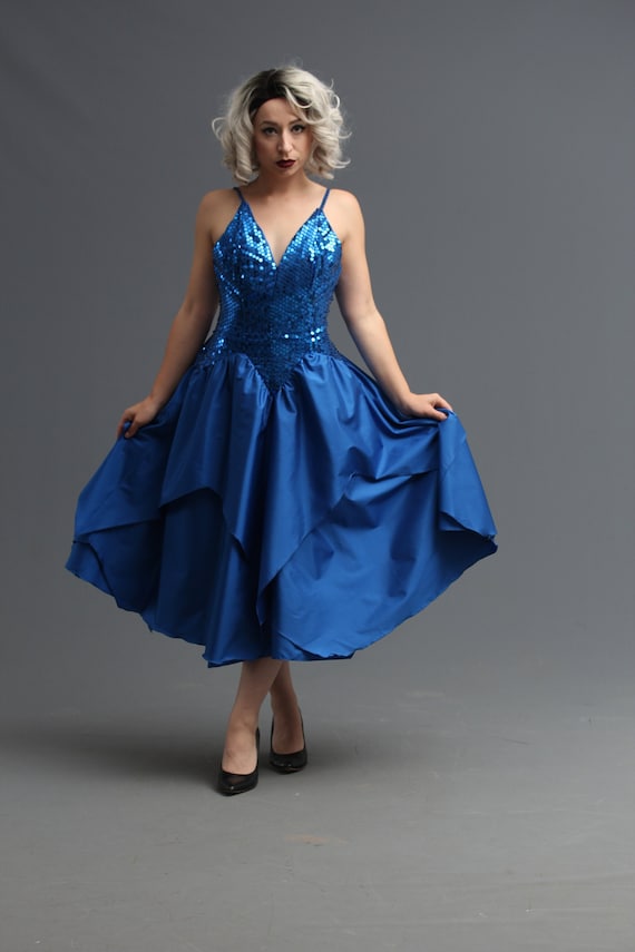 80s Prom Dress in Royal Blue Sequin with Pointed … - image 1