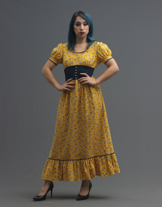 70s Yellow & Navy Floral Print Long Maxi Dress // 