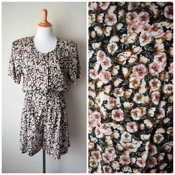 90s Grunge Floral Print Romper in Black & Pink //… - image 1