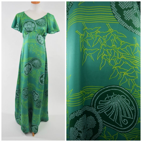 70s Green Hawaiian Maxi Dress w Butterfly Sleeves