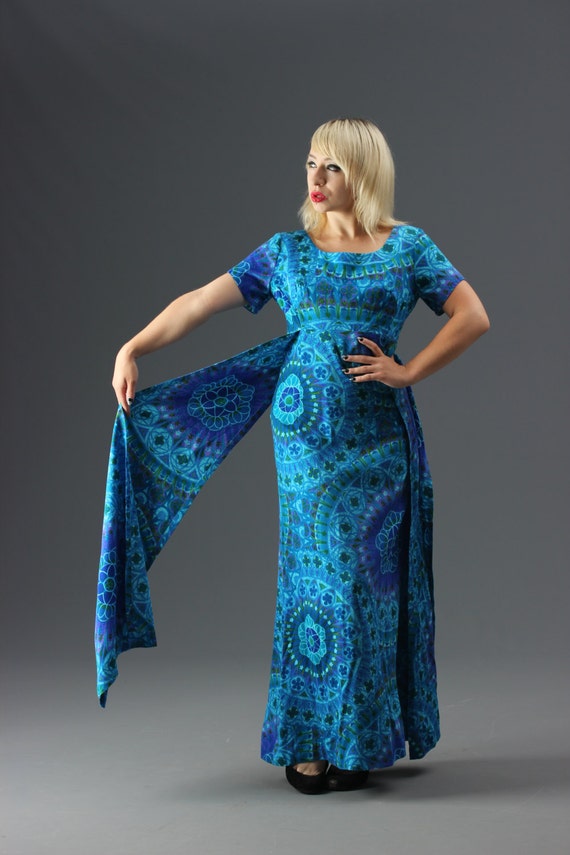 60s Aqua Blue Hawaiian Floor Length Dress w Side S