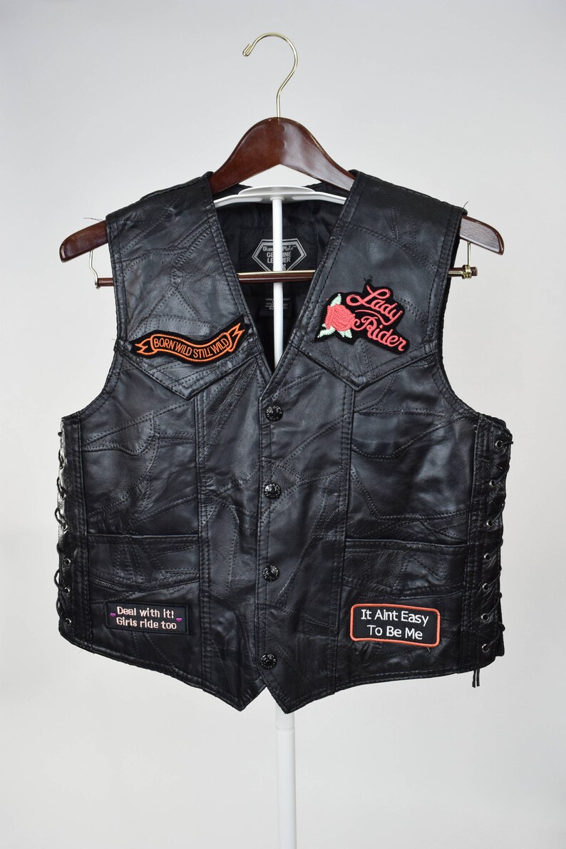 Vtg Black Leather Motorcycle Vest W Patches // Biker Babe, Love to Ride ...