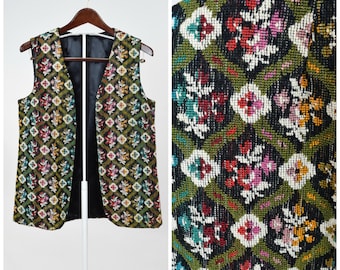 70s Textured Carpet Vest Jacket // Primary Color & Olive Floral Print // Boho Chic Woodstock Hippie Fashion, Bohemian Festival Clothing