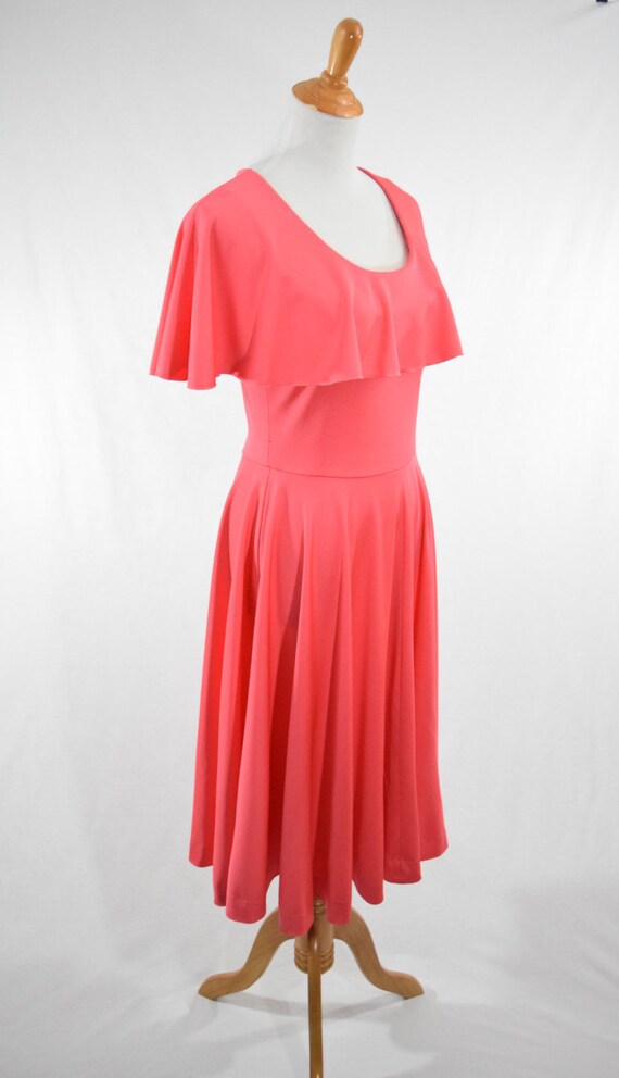 70s Coral Pink Polyester Dress w Full Circle Skir… - image 4