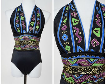 80s / 90s Geometric Tribal Print Black Bathing Suit Swimsuit w Halter Neck & High Cut Leg // Beach Babe Summer Festival, Stranger Things