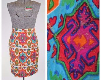 80s Emanuel Ungaro 'Parallele' Skirt in Vivid Multi-Color & Gold Ethnic Ikat Inspired Textile Print // Boho Chic Art Hoe Designer Vintage