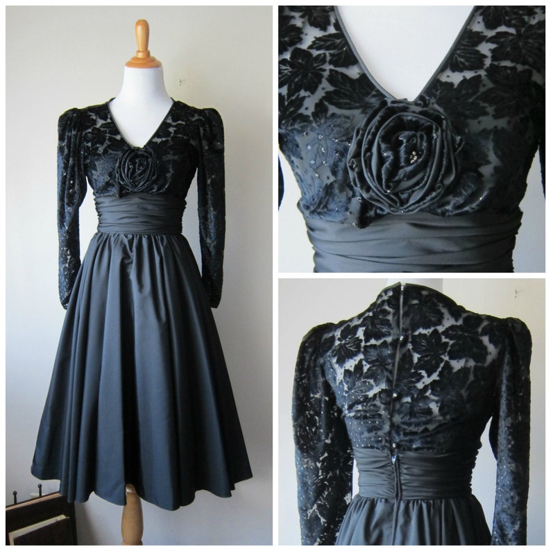 50s Inspired 80s Prom Party Dress in Black w Burnout Velvet & Full Crinoline Skirt // Goth Rockabilly Glam XS / Small 