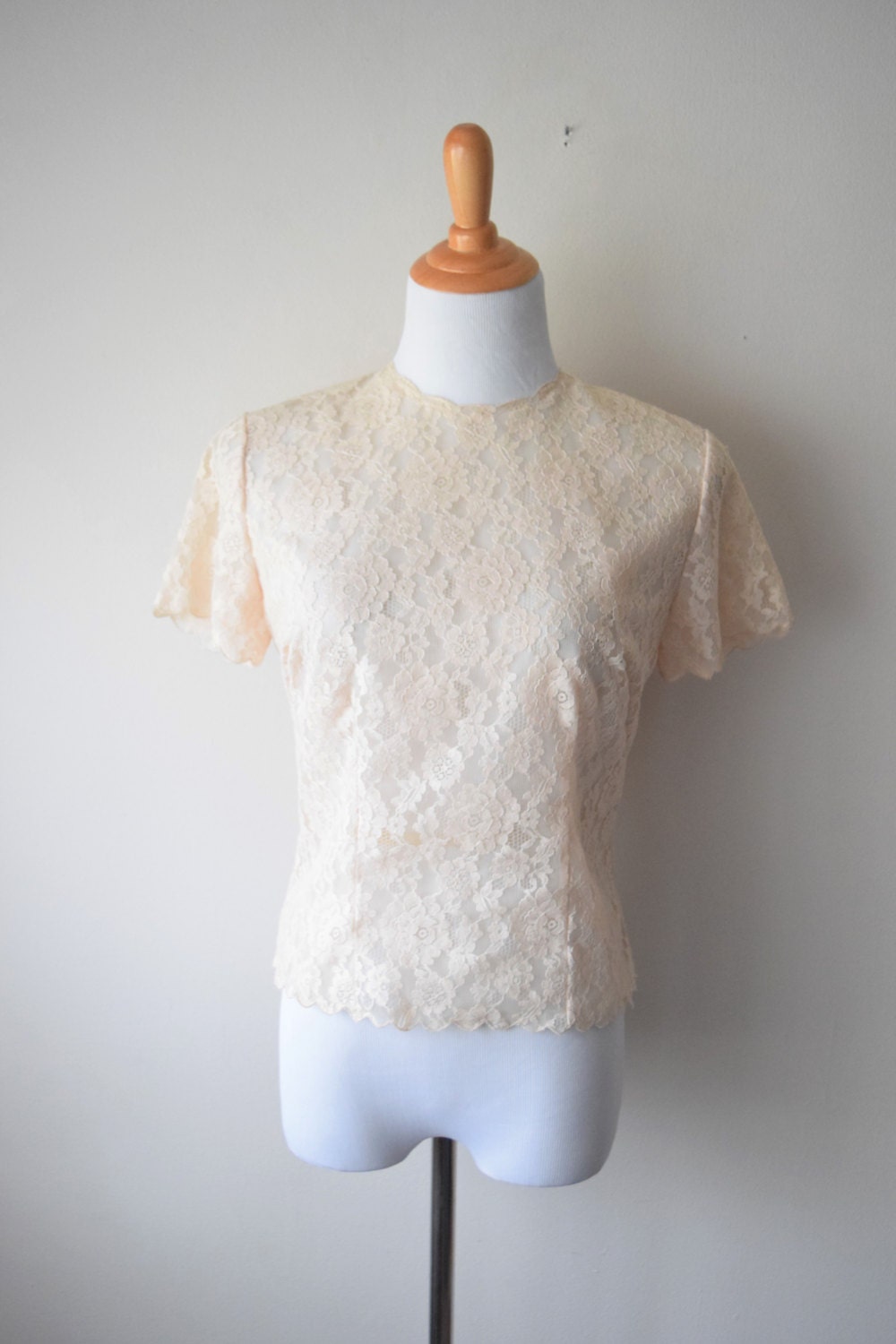 50s Ivory Cream Sheer Illusion Lace Back Button Fitted Blouse - Etsy