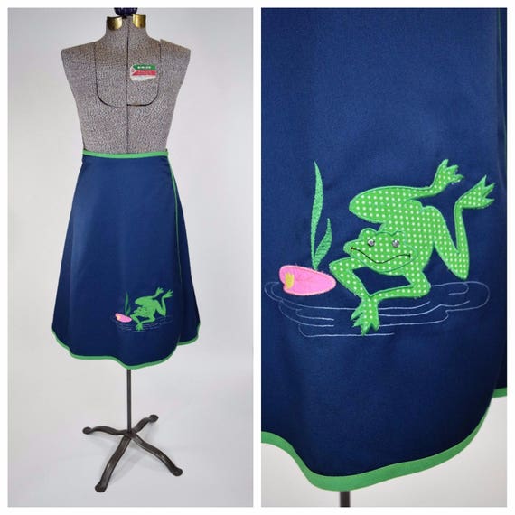 70s Frog Applique Cotton Wrap Skirt in Denim Blue… - image 1