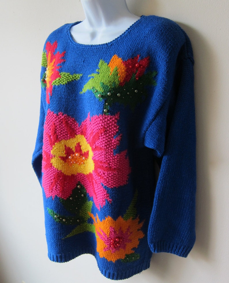80s Bright Blue Beaded Flower Sweater // Pink & Orange Blooms | Etsy